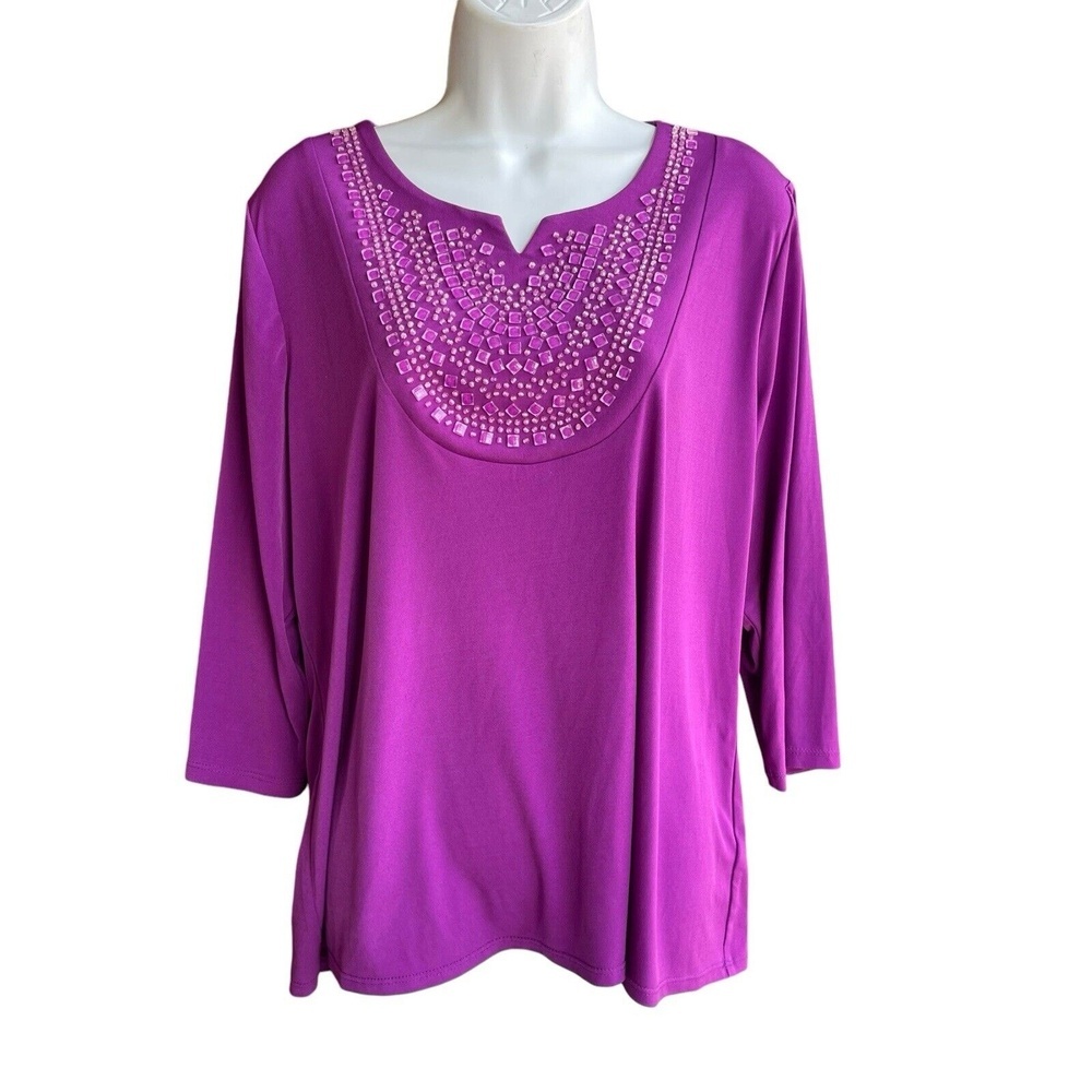 SUSAN GRAVER Liquid Knit Top Women’s Size L Embellished Beaded 3/4 Sleeve Purple